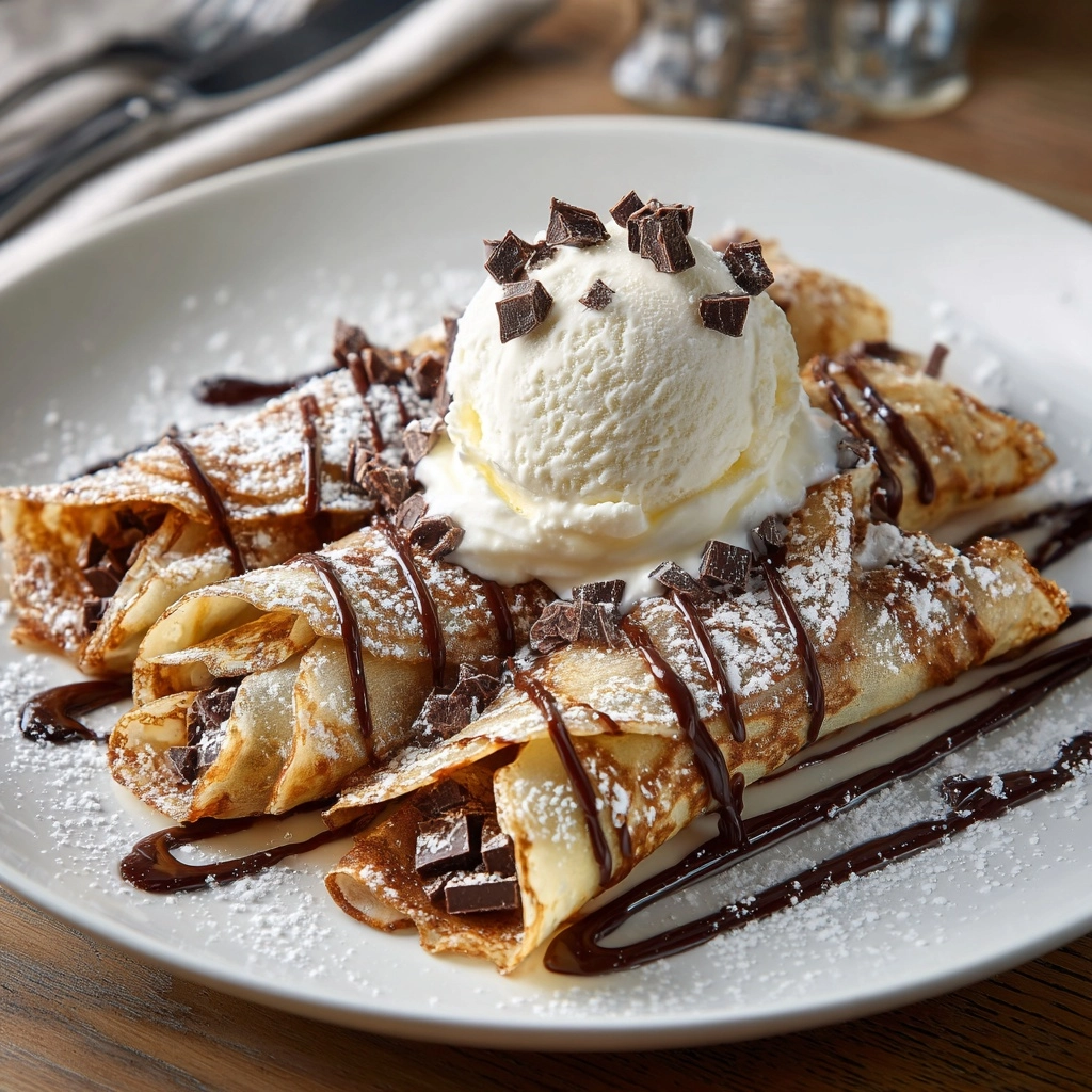 Chocolate Brownie Dessert Crepes with Ice Cream & Chocolate Drizzle Recipe - Recipe Image