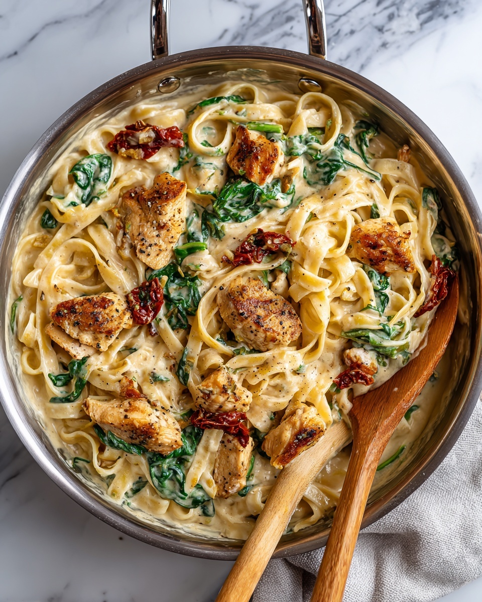 Creamy Chicken Pasta with Spinach and Sun-Dried Tomatoes Recipe - Recipe Image