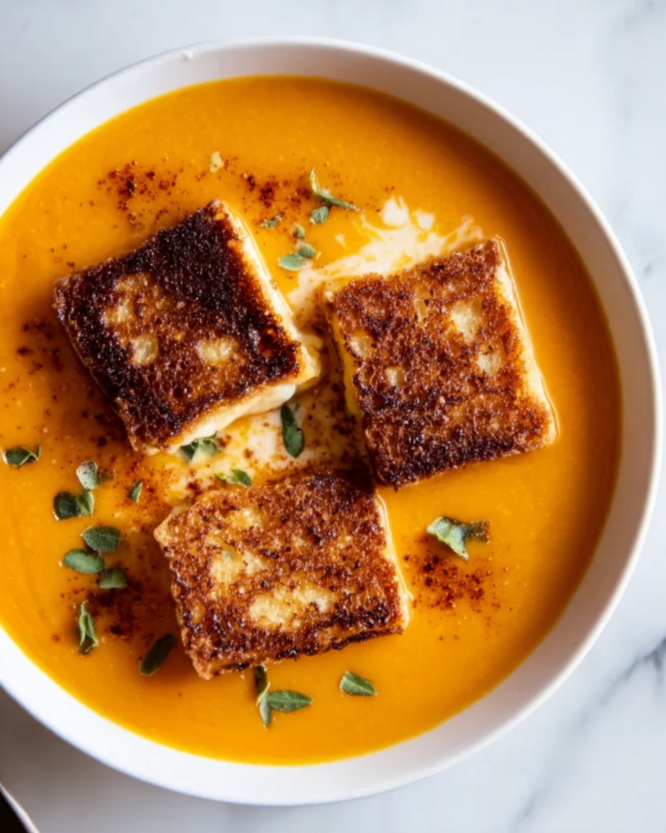 Spicy Pumpkin Soup with Grilled Cheese Croutons Recipe - Recipe Image