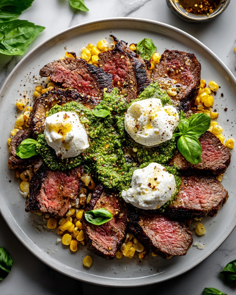Grilled Flank Steak with Burrata & Pesto Recipe - Recipe Image