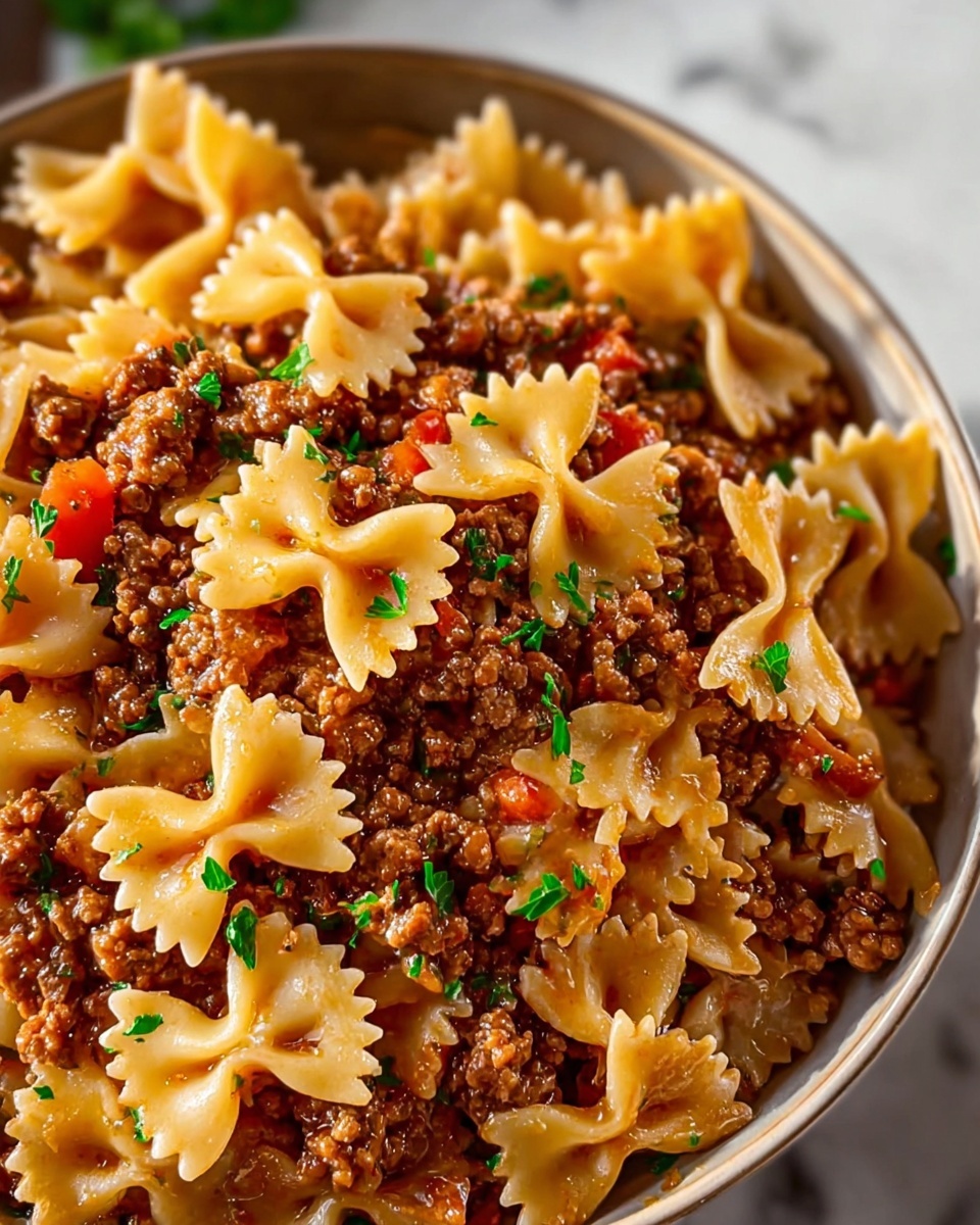 Bowtie Pasta with Creamy Ground Beef and Tomato Sauce Recipe - Recipe Image