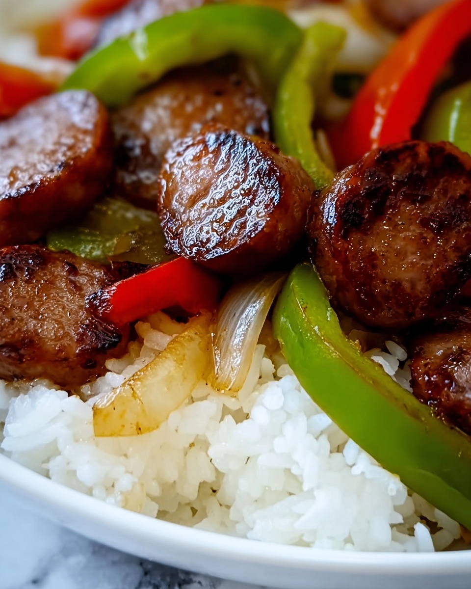 Beef Smoked Sausage with Onion and Bell Peppers over Rice Recipe - Recipe Image