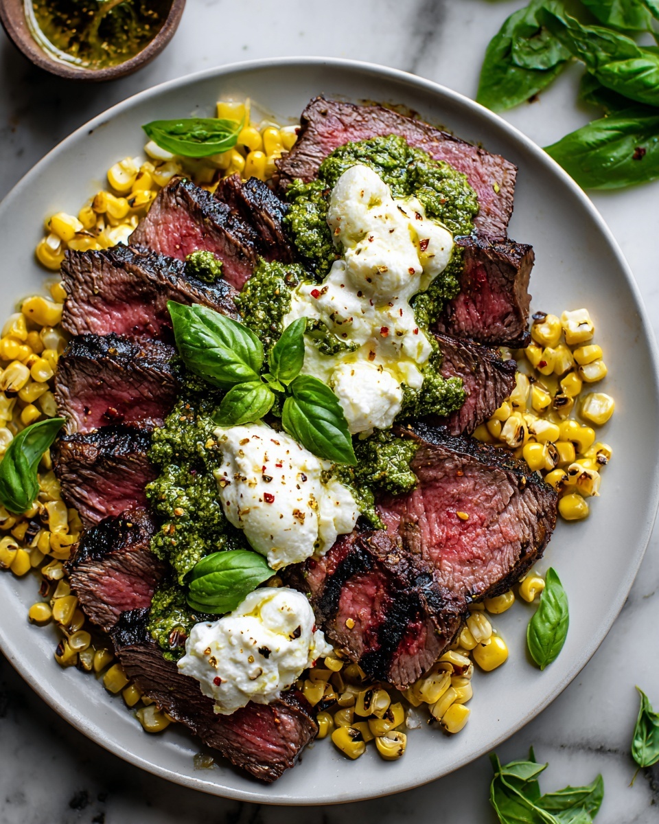 Grilled Flank Steak with Burrata & Pesto Recipe - Recipe Image