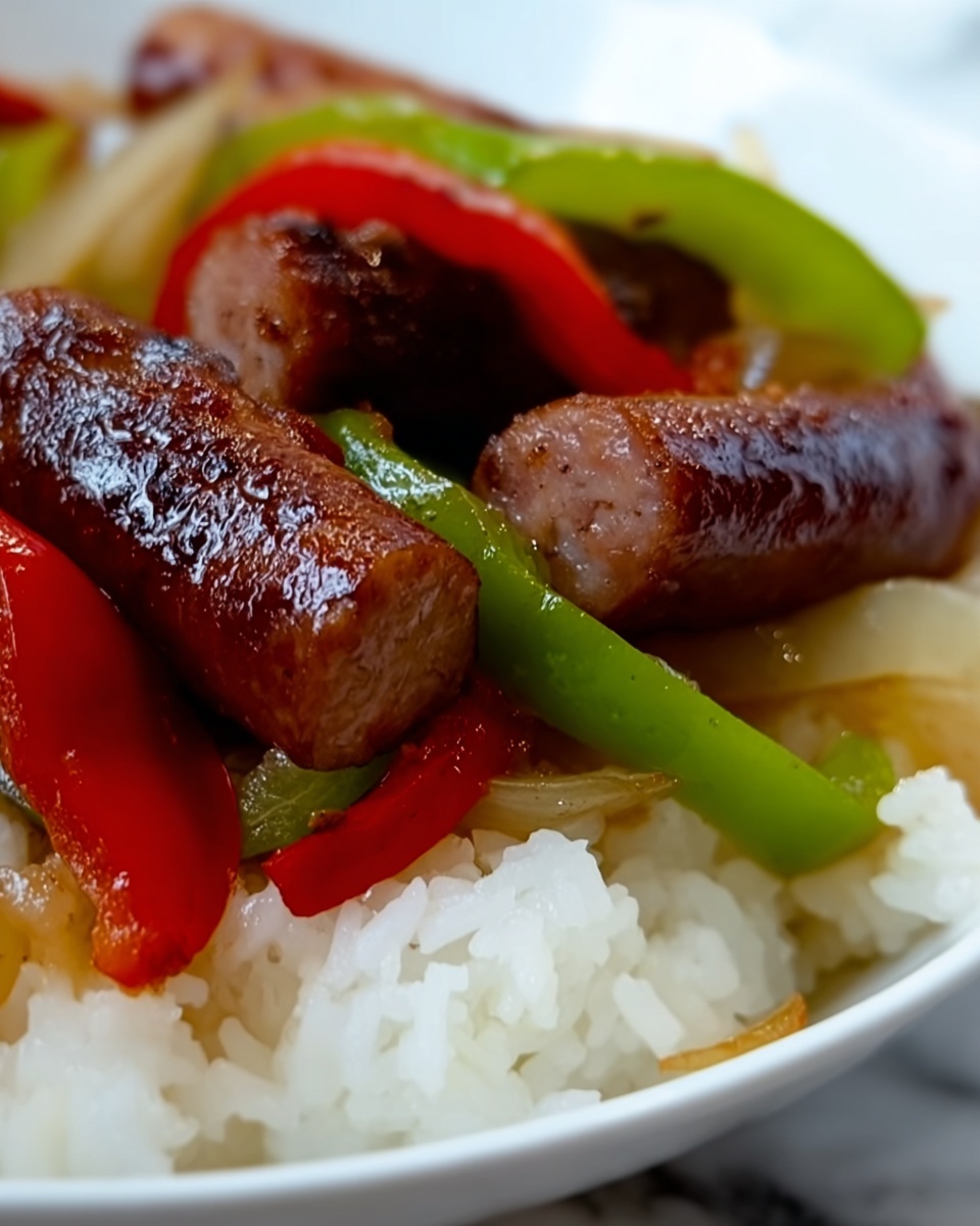 Beef Smoked Sausage with Onion and Bell Peppers over Rice Recipe - Recipe Image