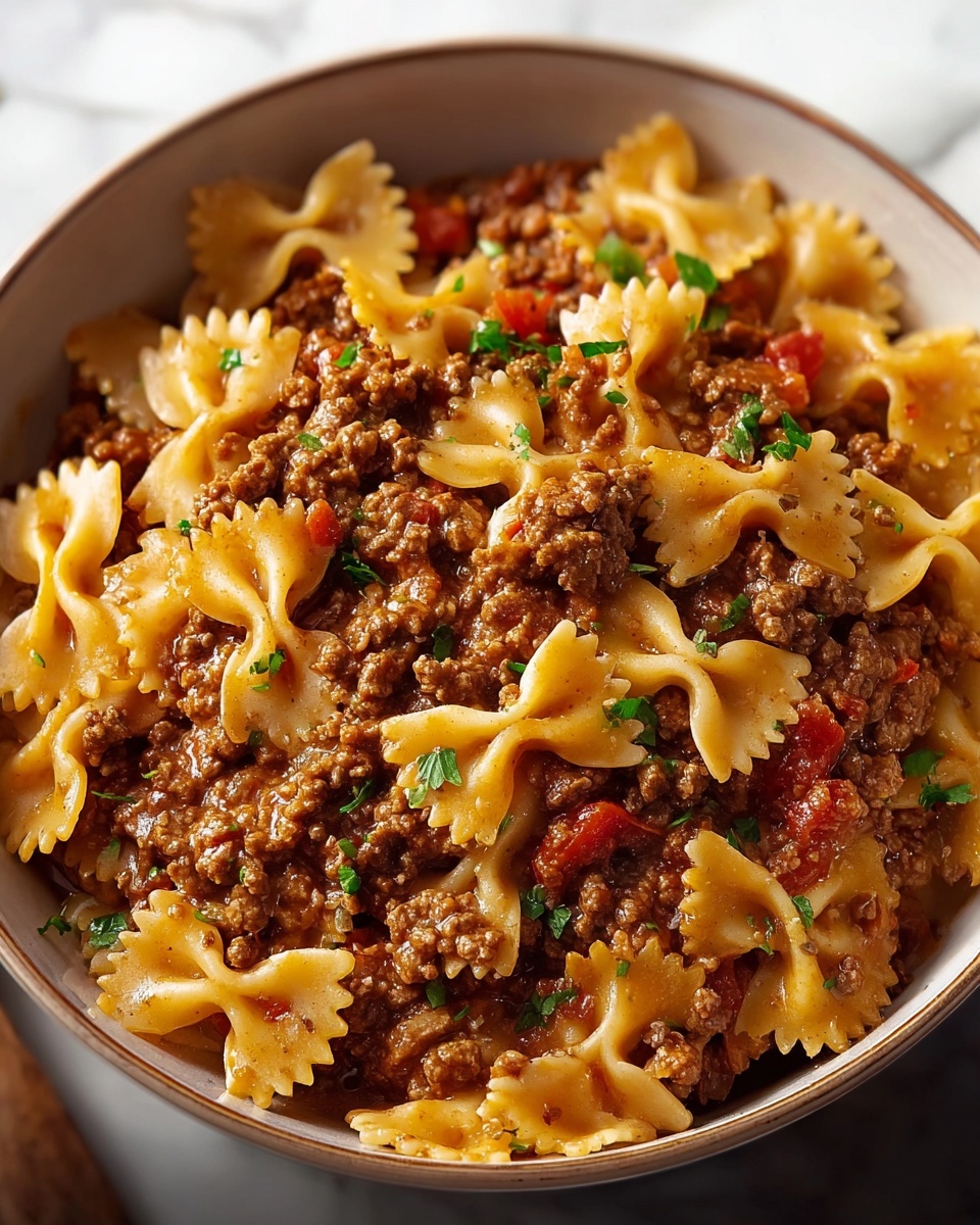 Bowtie Pasta with Creamy Ground Beef and Tomato Sauce Recipe - Recipe Image