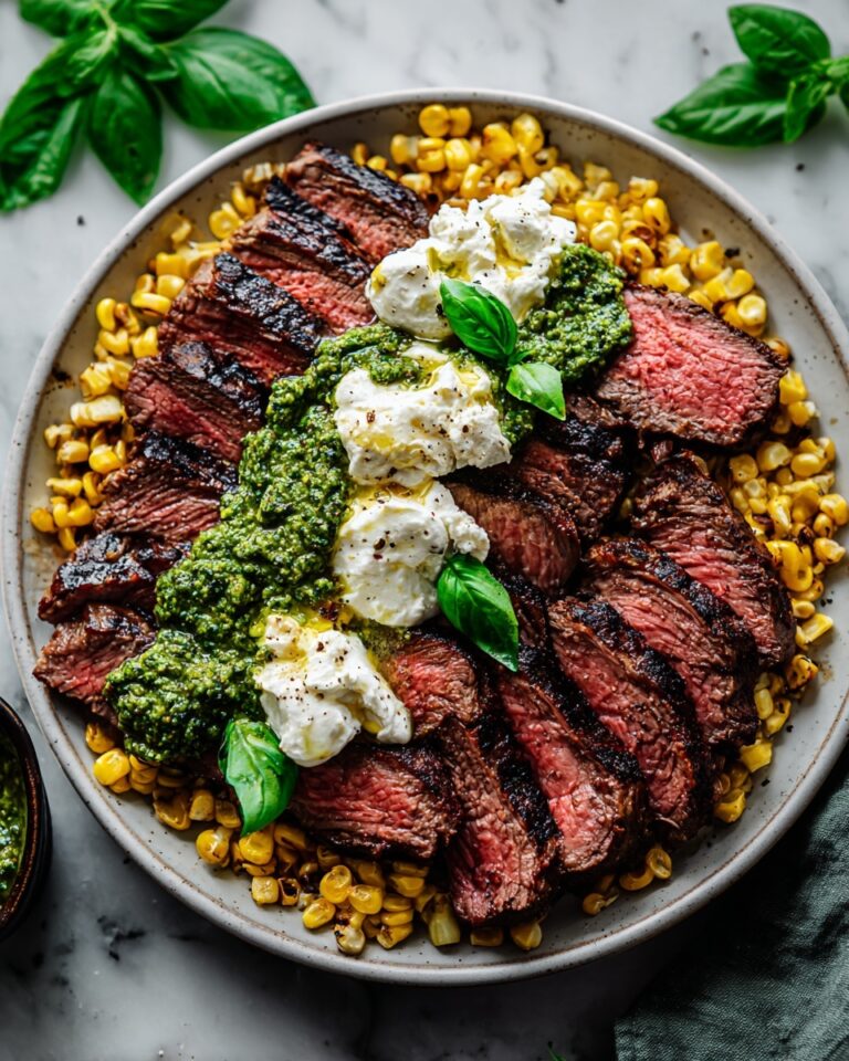 Grilled Flank Steak with Burrata & Pesto Recipe