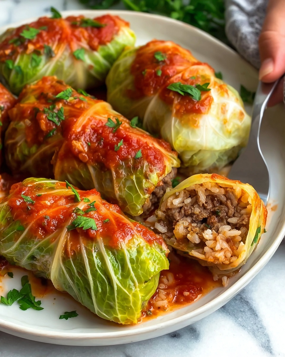 Chicken and Rice Stuffed Cabbage Rolls in Creamy Tomato Sauce Recipe - Recipe Image