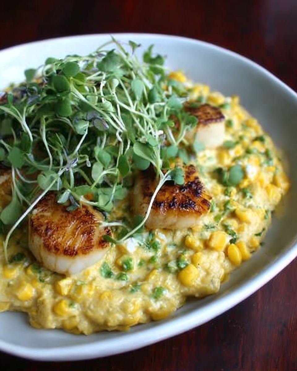 Creamed Corn with Seared Scallops and Pea Shoots Recipe - Recipe Image
