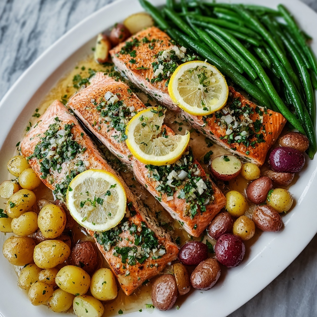 Sheet Pan Lemon Garlic Butter Salmon with Baby Potatoes and Green Beans Recipe - Recipe Image