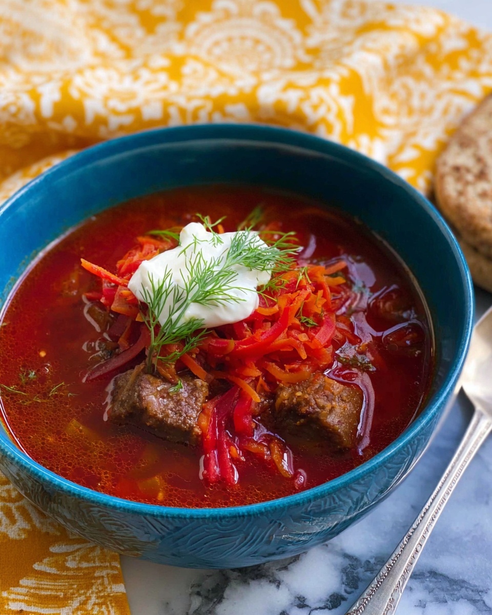 Hearty Beef Borscht with Fresh Vegetables and Sour Cream Recipe - Recipe Image