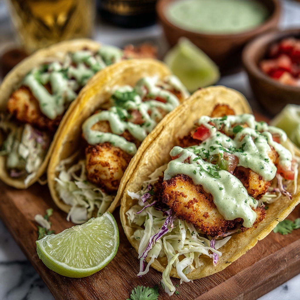 Crispy Baja Fish Tacos with Avocado Crema Recipe - Recipe Image