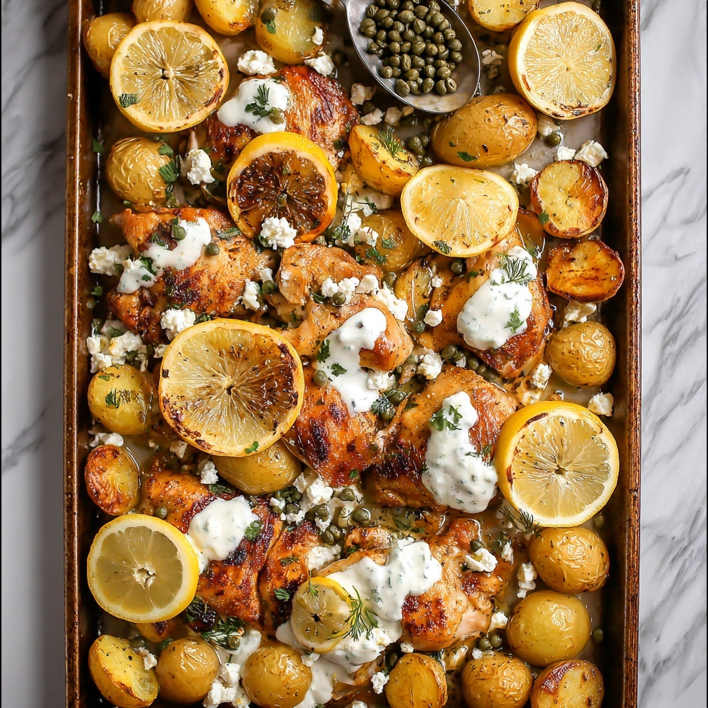 Sheet Pan Balsamic Chicken Thighs with Potatoes, Feta, and Tzatziki Recipe - Recipe Image
