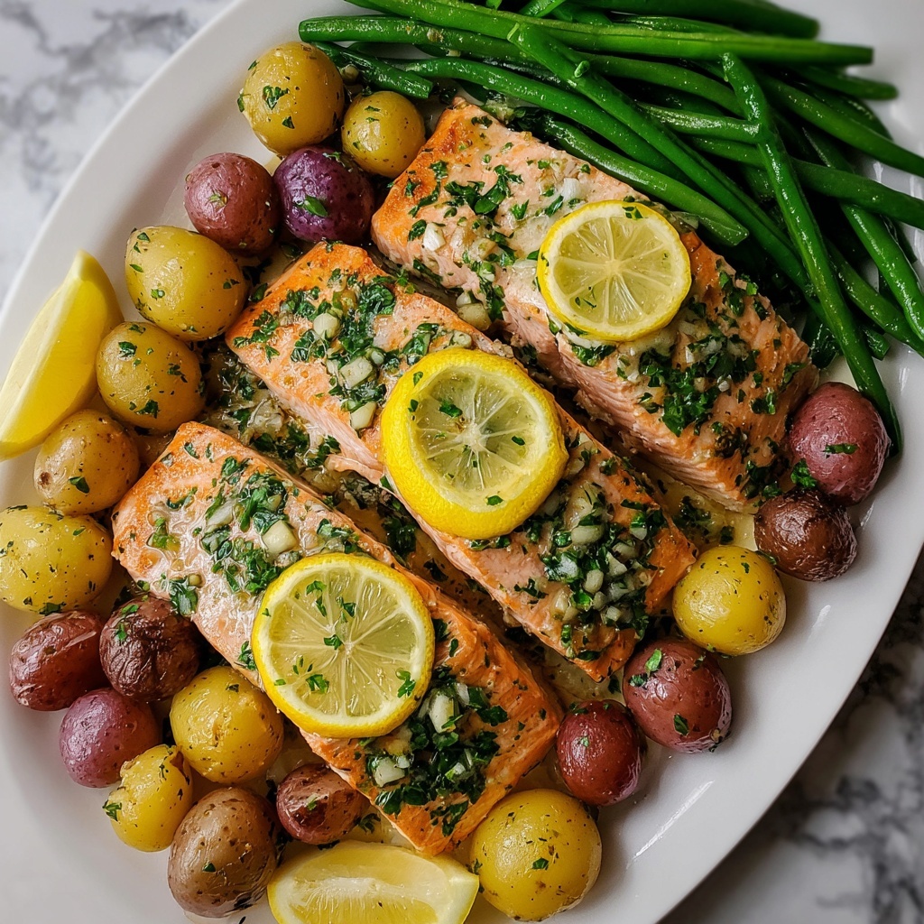 Sheet Pan Lemon Garlic Butter Salmon with Baby Potatoes and Green Beans Recipe - Recipe Image