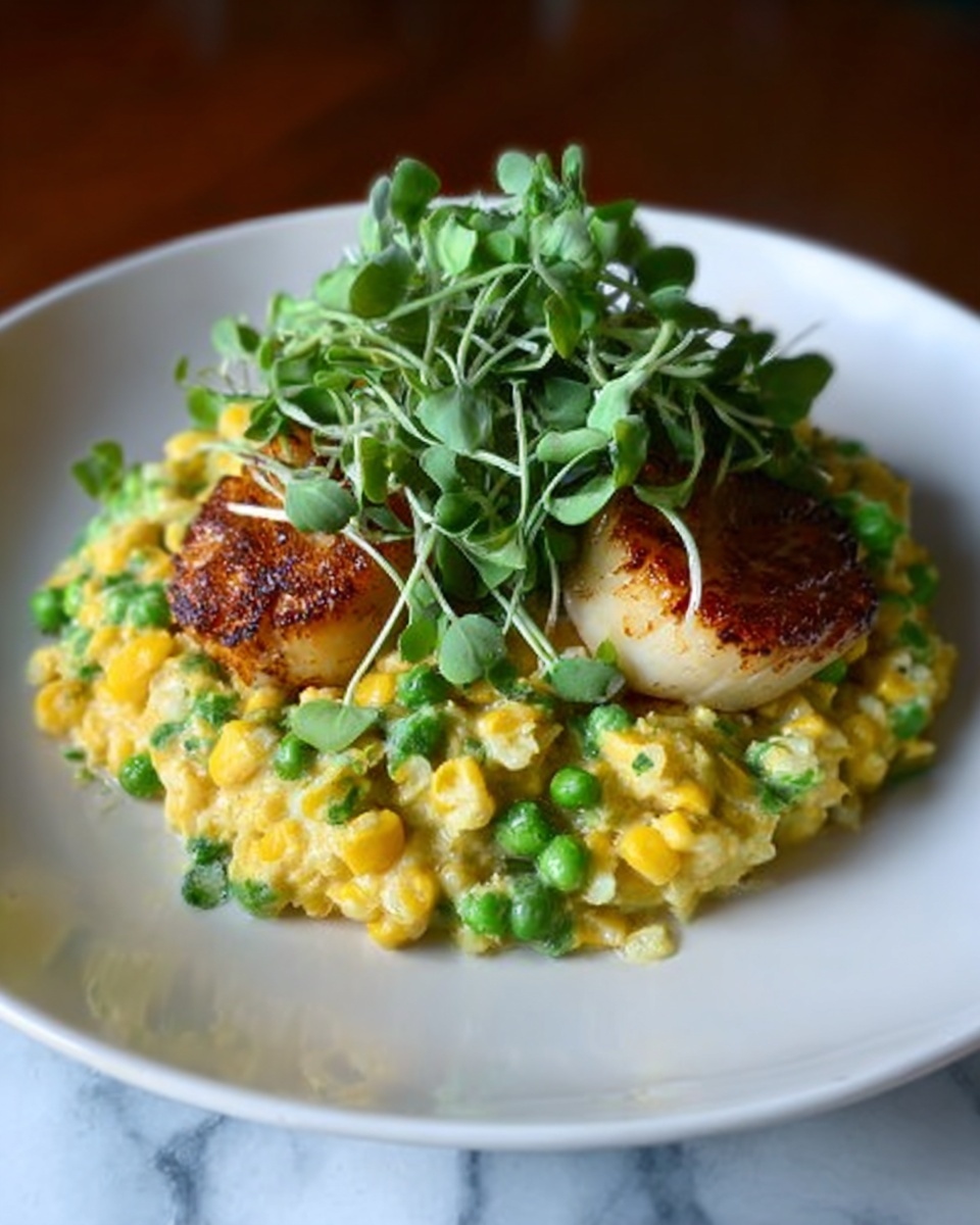 Creamed Corn with Seared Scallops and Pea Shoots Recipe - Recipe Image