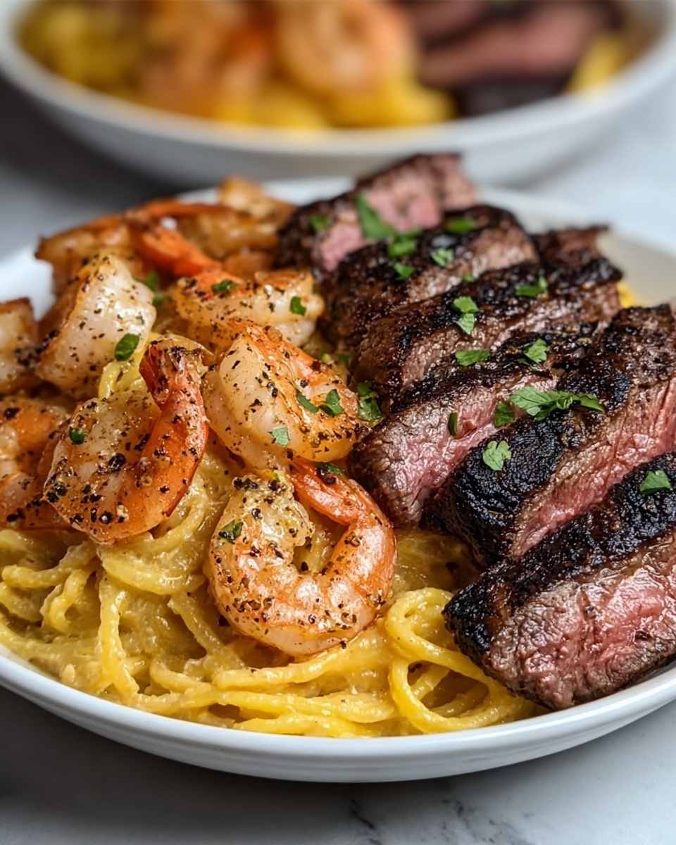 Cajun Shrimp and Steak Alfredo Pasta Recipe - Recipe Image