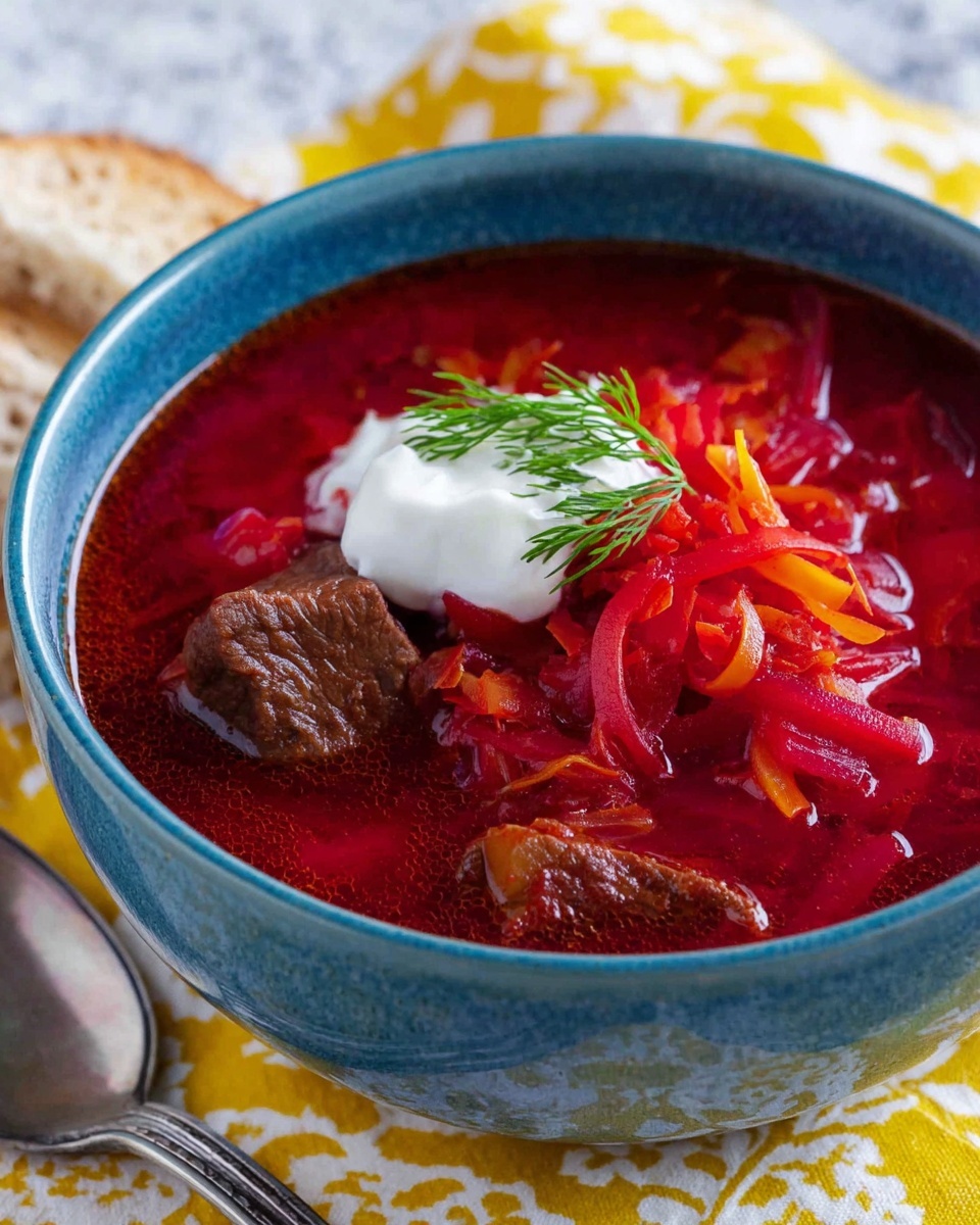 Hearty Beef Borscht with Fresh Vegetables and Sour Cream Recipe - Recipe Image
