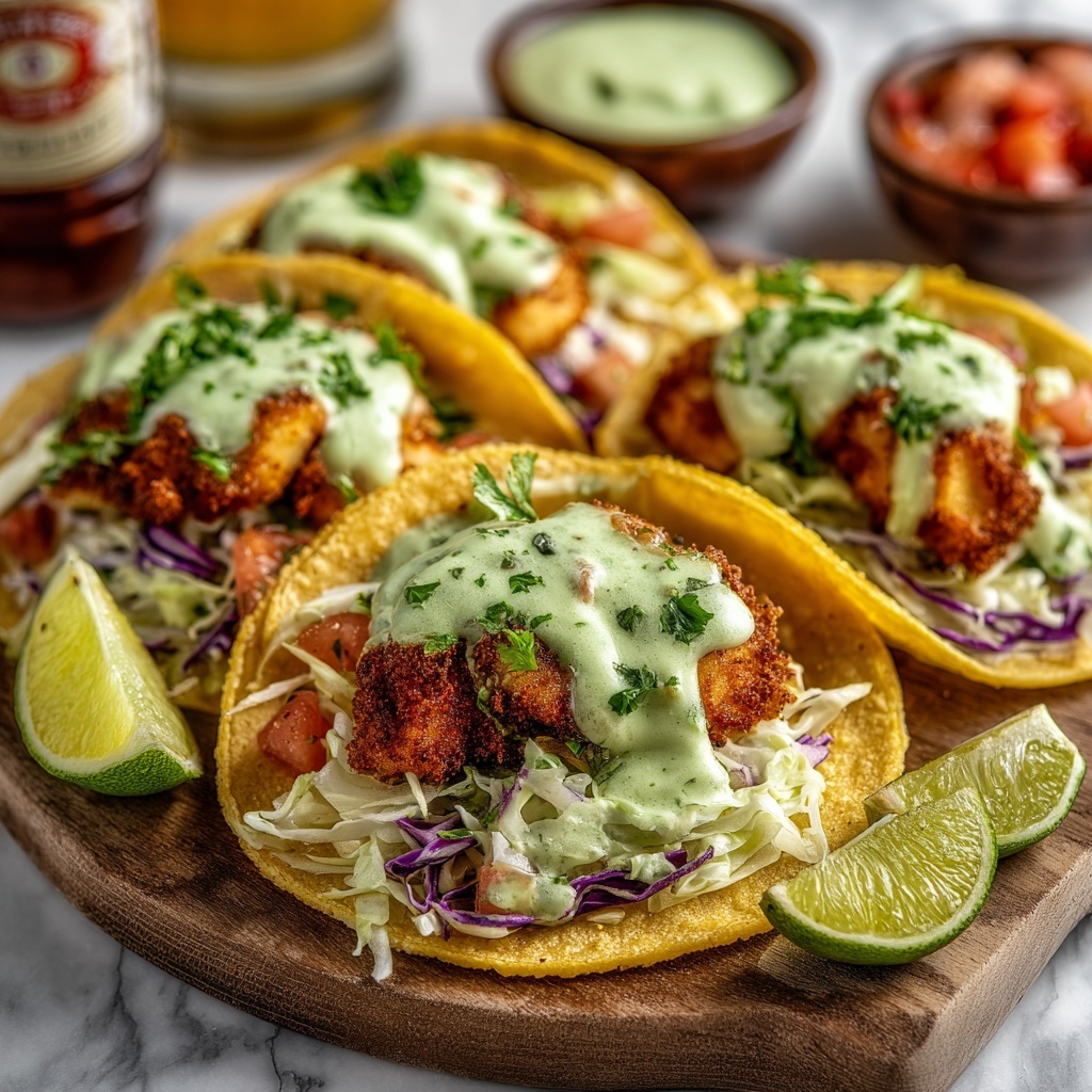 Crispy Baja Fish Tacos with Avocado Crema Recipe - Recipe Image