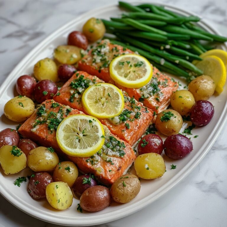 Sheet Pan Lemon Garlic Butter Salmon with Baby Potatoes and Green Beans Recipe