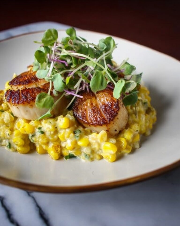 Creamed Corn with Seared Scallops and Pea Shoots Recipe