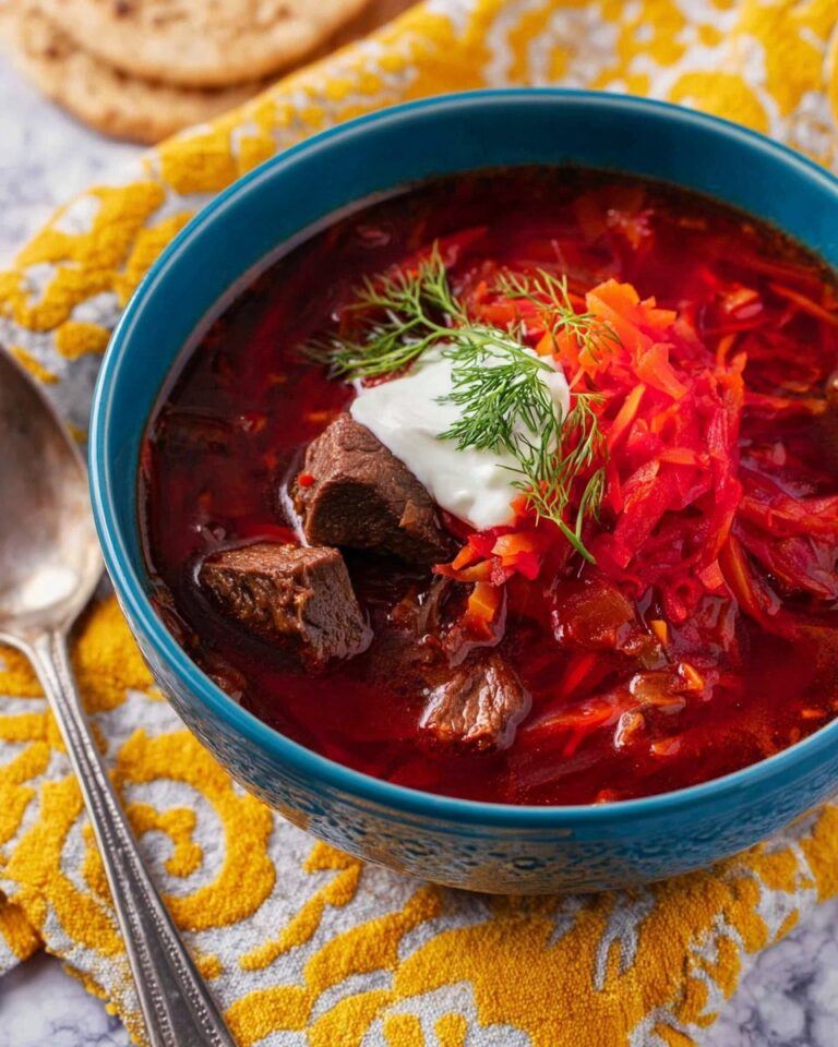 Hearty Beef Borscht with Fresh Vegetables and Sour Cream Recipe
