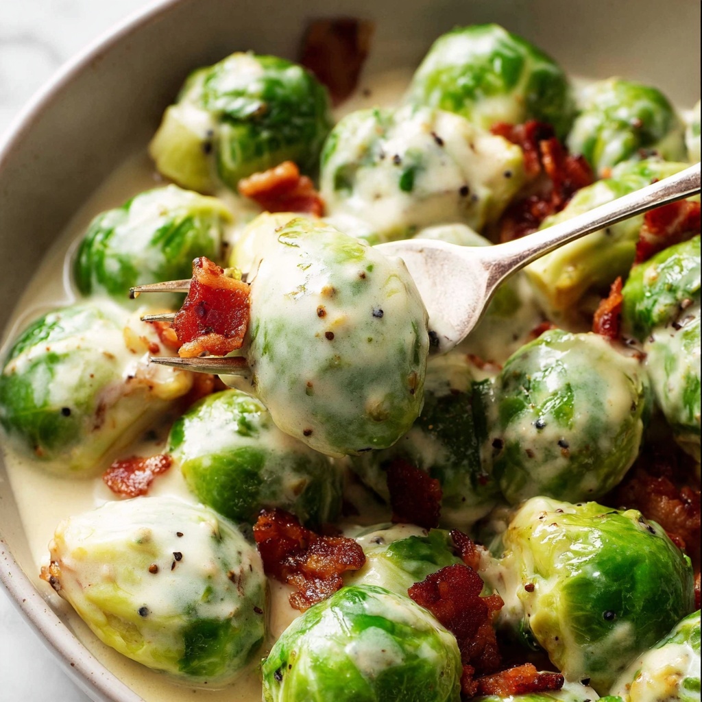 Brussels Sprouts in Creamy Carbonara Sauce with Bacon Recipe - Recipe Image