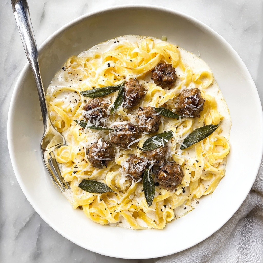 Sausage Alfredo Pasta with Crispy Fried Sage Recipe - Recipe Image