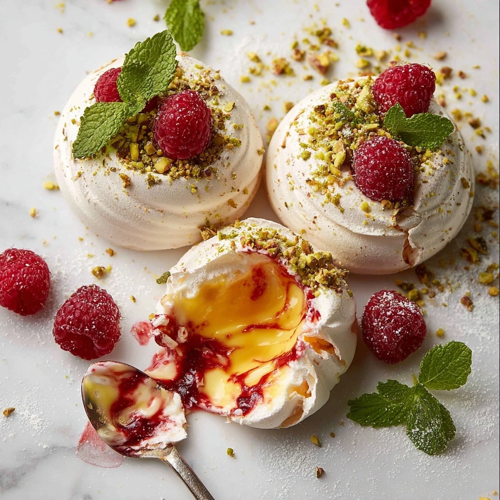 Raspberry Coulis Pavlova Bombs with Lemon Curd and Pistachios Recipe - Recipe Image