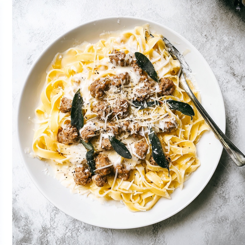 Sausage Alfredo Pasta with Crispy Fried Sage Recipe - Recipe Image