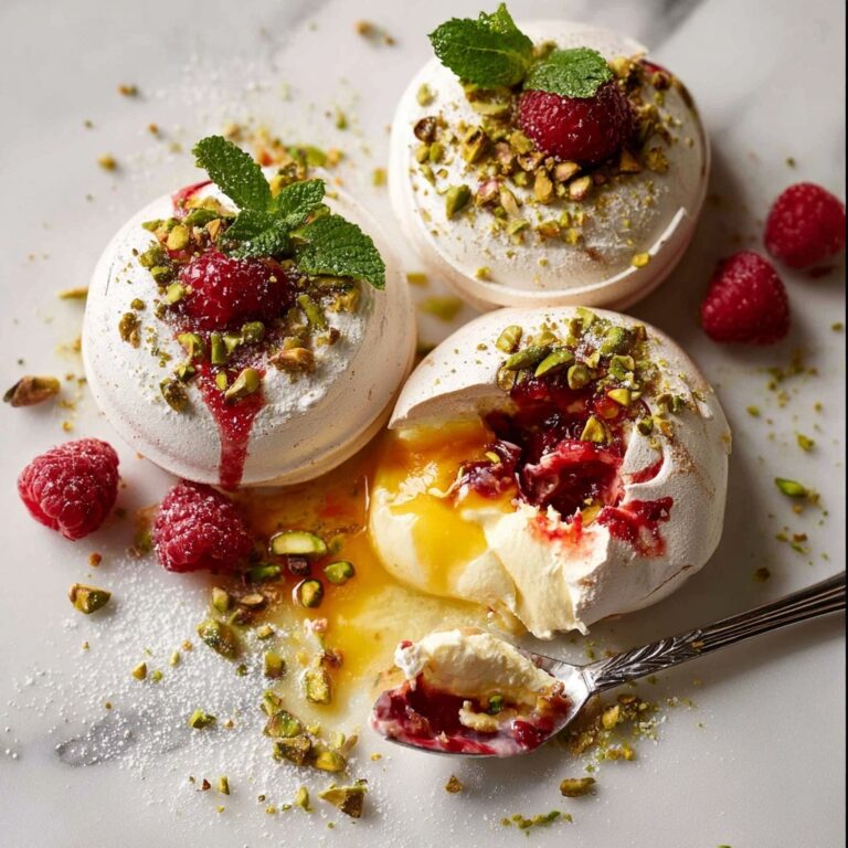Raspberry Coulis Pavlova Bombs with Lemon Curd and Pistachios Recipe