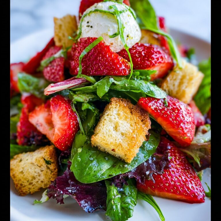 Strawberry Panzanella Salad with Crispy Basil and Mozzarella Recipe