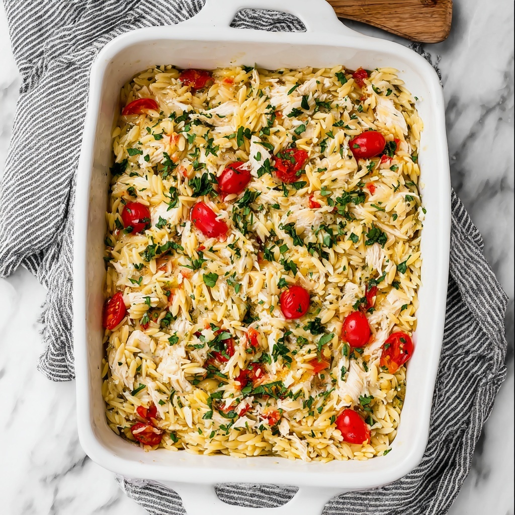 Creamy Chicken Orzo Bake with Cherry Tomatoes and Spinach Recipe - Recipe Image