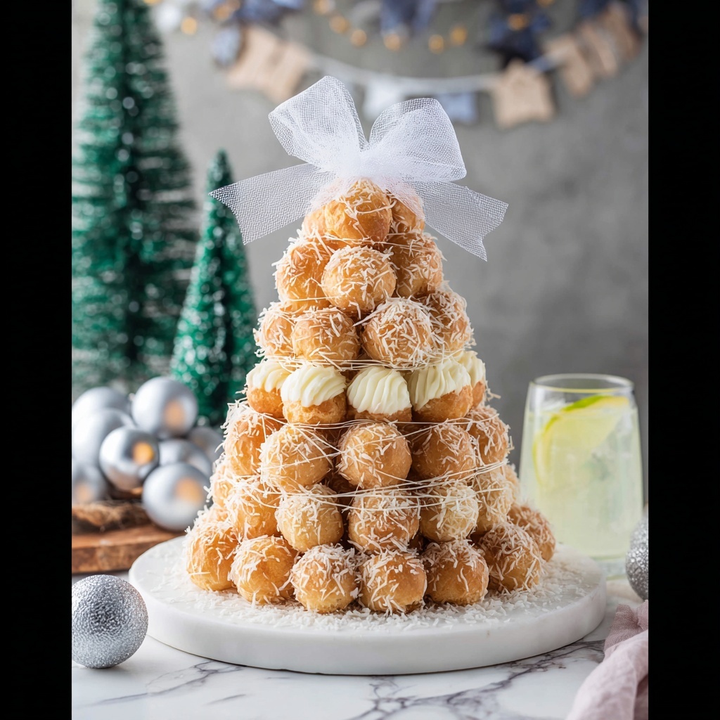 Croquembouche: Elegant French Cream Puff Tower with Caramel and Coconut Recipe - Recipe Image