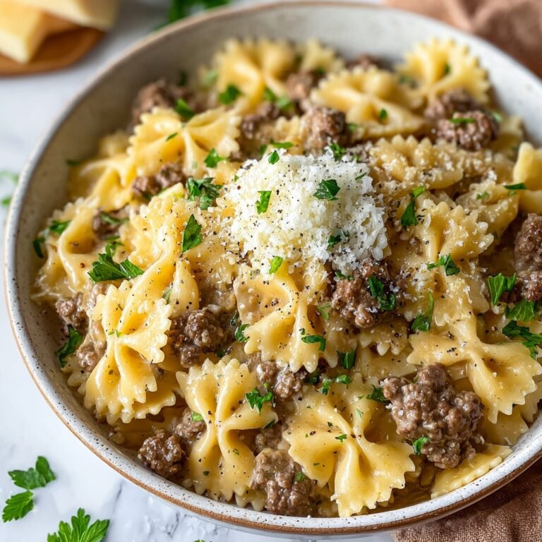 Cheesy Beef and Bowtie Pasta in Garlic Butter Recipe