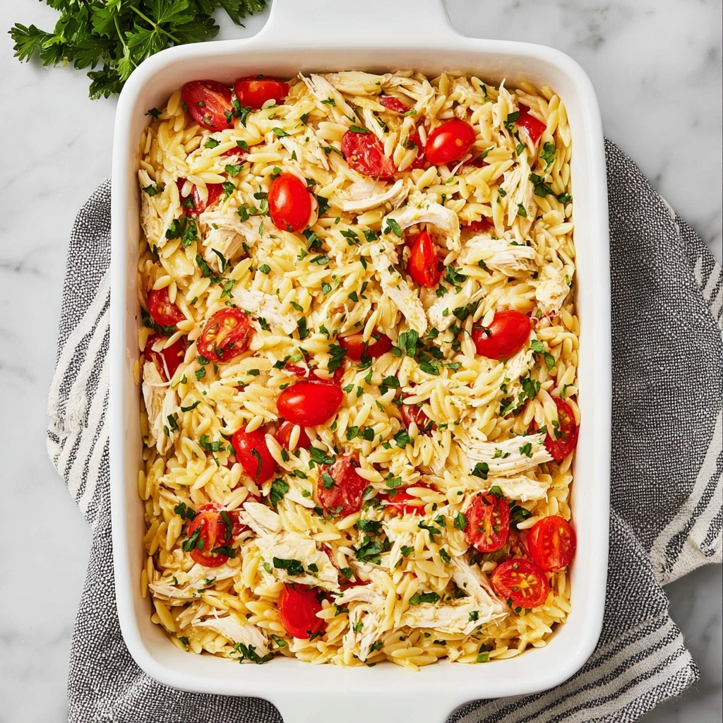 Creamy Chicken Orzo Bake with Cherry Tomatoes and Spinach Recipe - Recipe Image