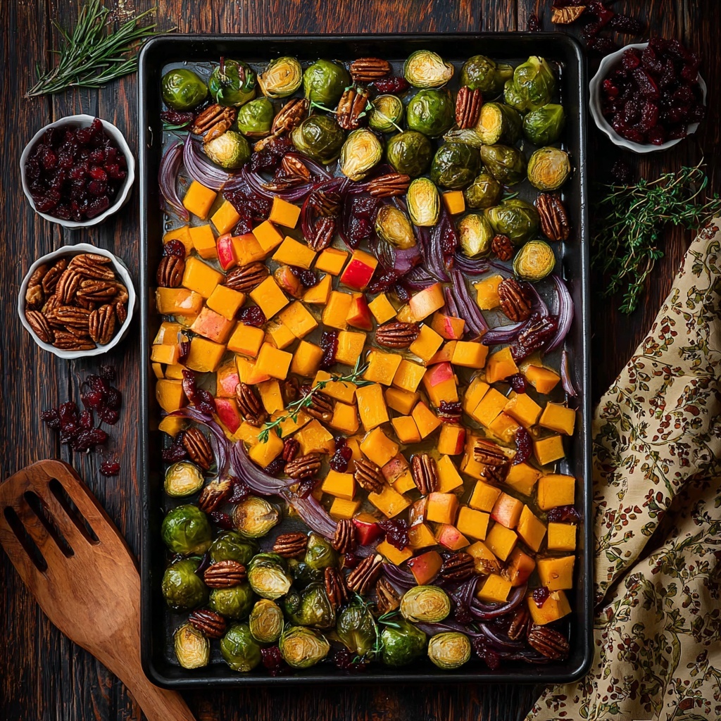 Festive Roasted Vegetables with Butternut Squash, Brussels Sprouts, Apples, and Cranberries Recipe - Recipe Image