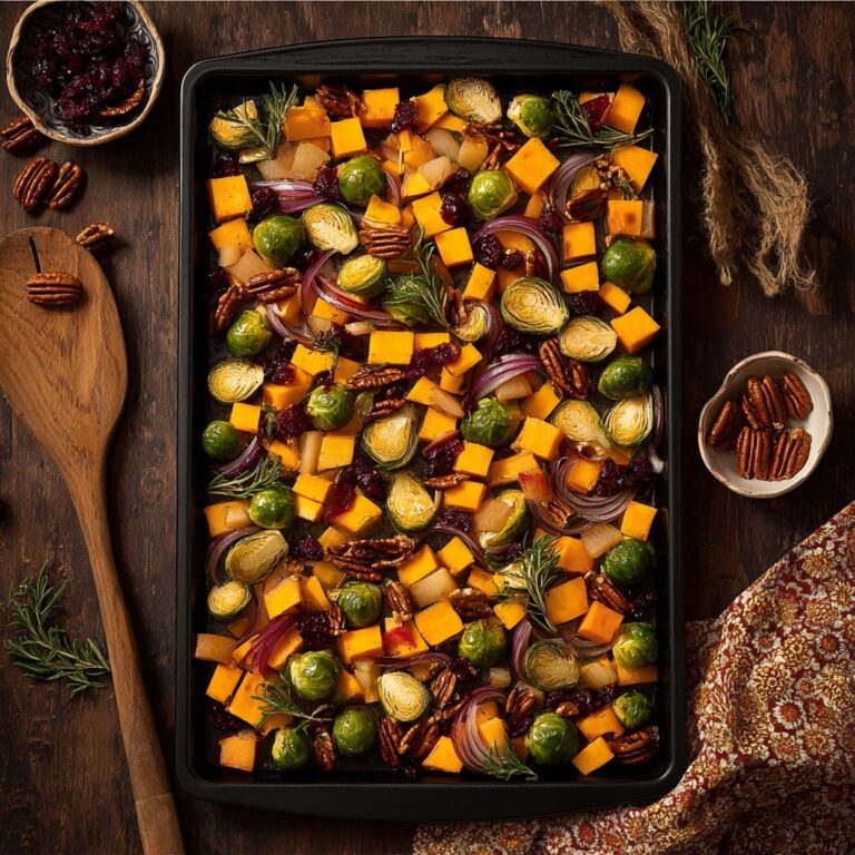Festive Roasted Vegetables with Butternut Squash, Brussels Sprouts, Apples, and Cranberries Recipe