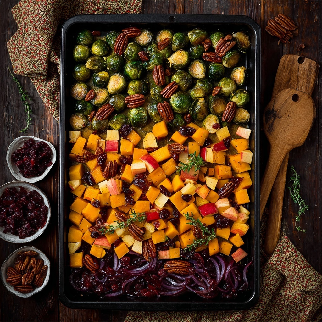 Festive Roasted Vegetables with Butternut Squash, Brussels Sprouts, Apples, and Cranberries Recipe - Recipe Image