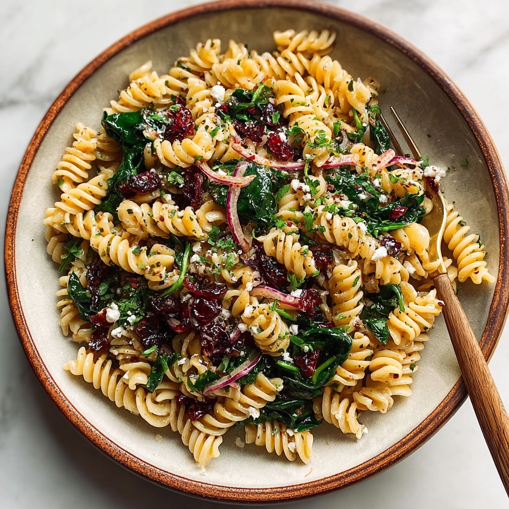 Nutritious Spinach Pasta Salad with Feta and Cranberries Recipe - Recipe Image