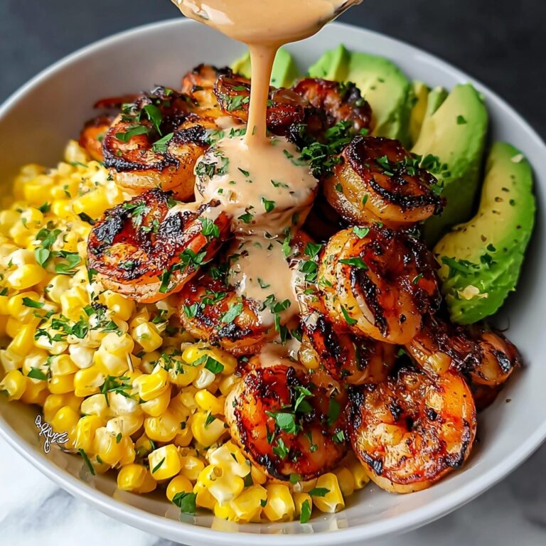Grilled Shrimp Bowl with Avocado, Corn Salsa & Creamy Sauce Recipe