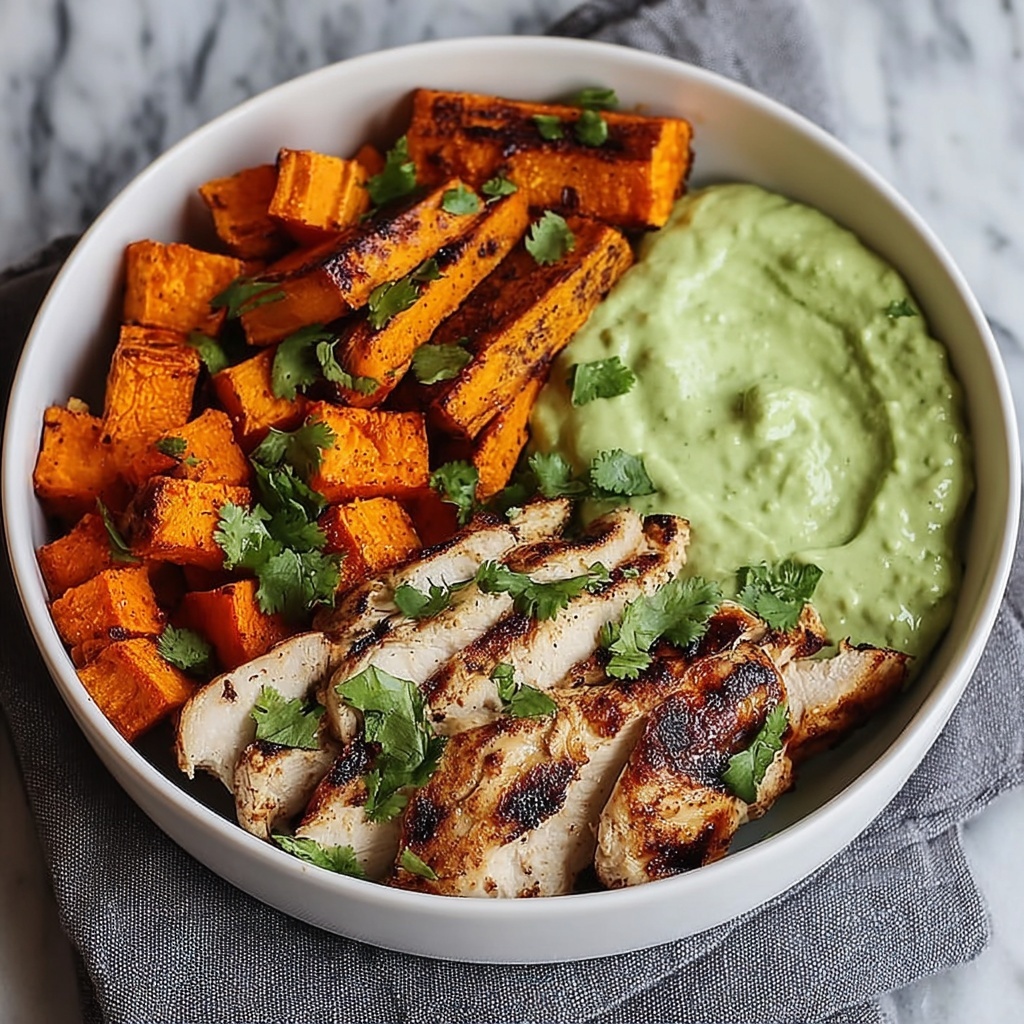 Grilled Chicken Power Bowl with Spiced Sweet Potatoes and Creamy Avocado Sauce Recipe - Recipe Image