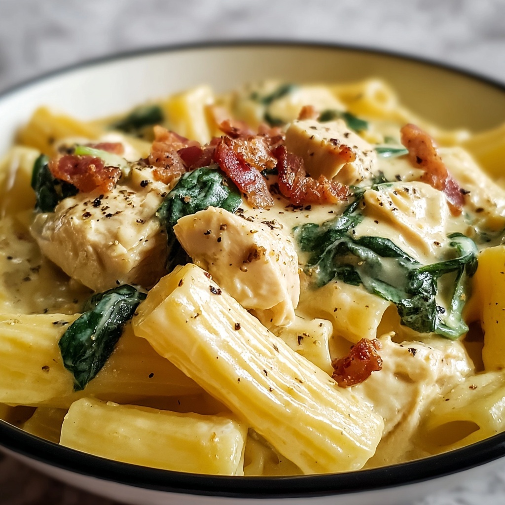 Creamy Chicken Pasta with Bacon and Spinach Recipe - Recipe Image