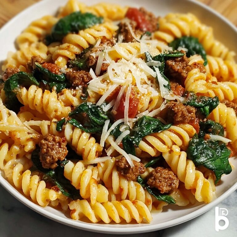 Easy Garlic Butter Rotini with Beef, Italian Sausage, and Spinach Recipe