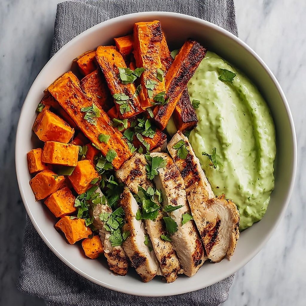 Grilled Chicken Power Bowl with Spiced Sweet Potatoes and Creamy Avocado Sauce Recipe - Recipe Image