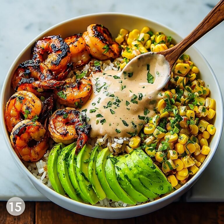 Juicy Grilled Shrimp Bowl with Avocado, Corn Salsa & Creamy Sauce Recipe