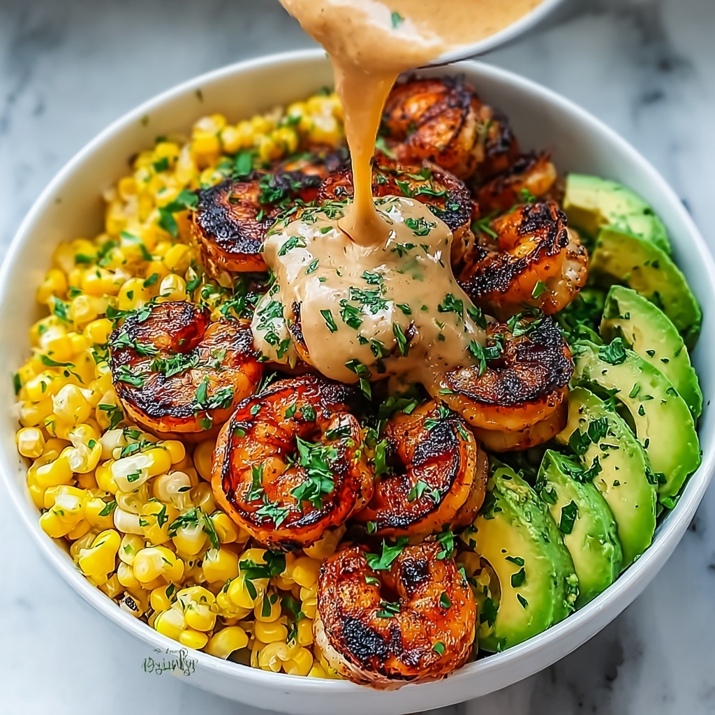 Grilled Shrimp Bowl with Avocado, Corn Salsa & Creamy Sauce Recipe - Recipe Image
